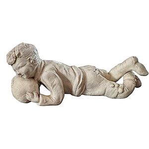Hand Carved Ceramic Boy w/ Ball Figurine 6.5” Ivory Decor